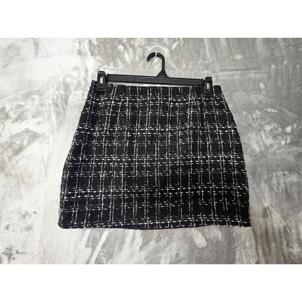 Black White Tweed Plaid Mini Skirt Wool Blend A-Line Lined Size Medium